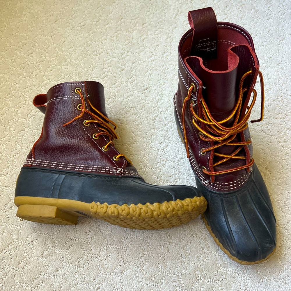 LL Bean 8” Duck Boots - Burgundy and Navy
